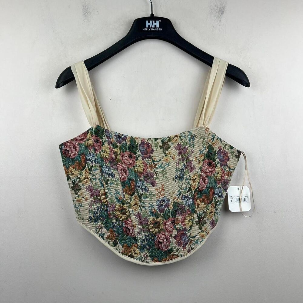 Altar'd State Floral Cropped Bustier Top in Cream with Multicolor Roses